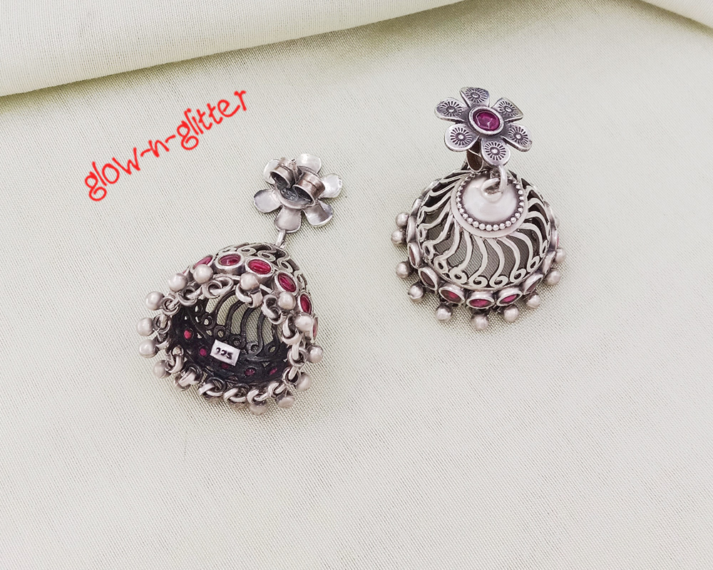 STERLING SILVER RED JHUMKA EARRINGS - Image 2