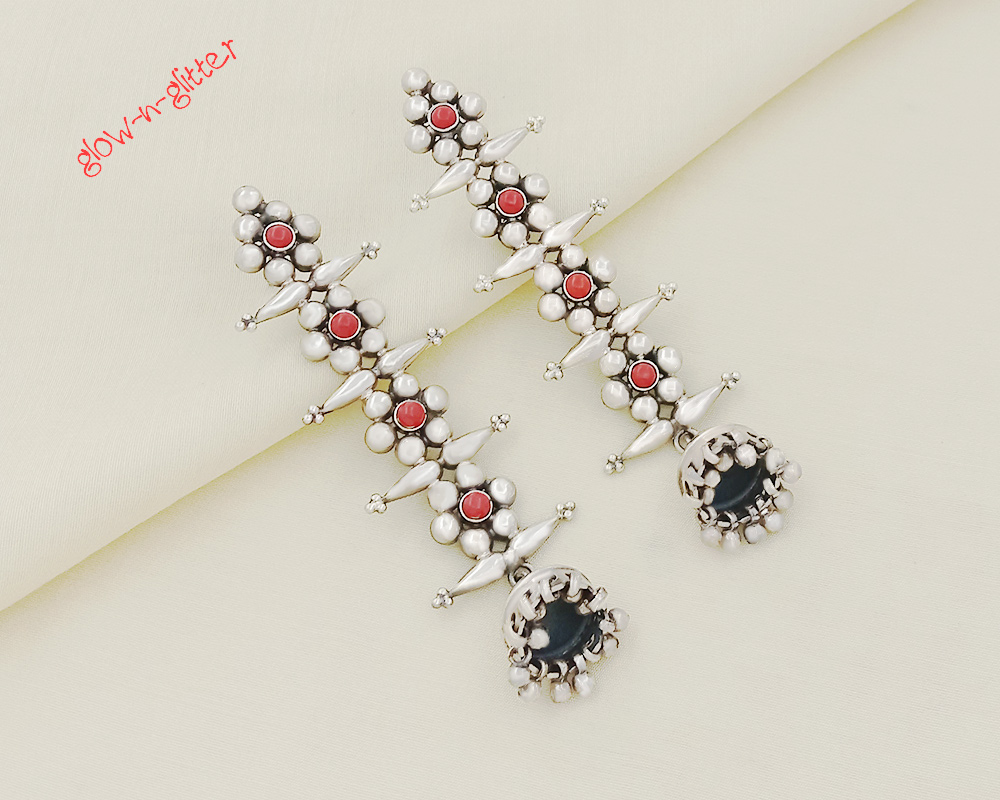 STATEMENT CORAL & STERLING SILVER JHUMKA EARRINGS - Image 2