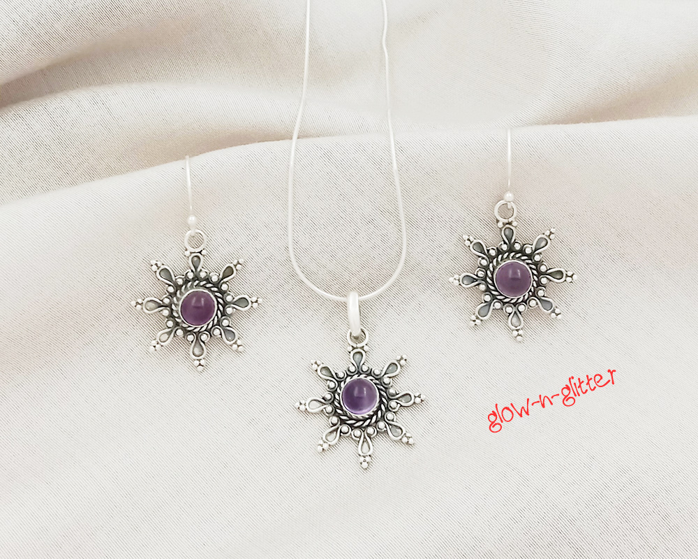 STERLING SILVER AMETHYST SUNRAY PENDANT EARRING SET - Image 3
