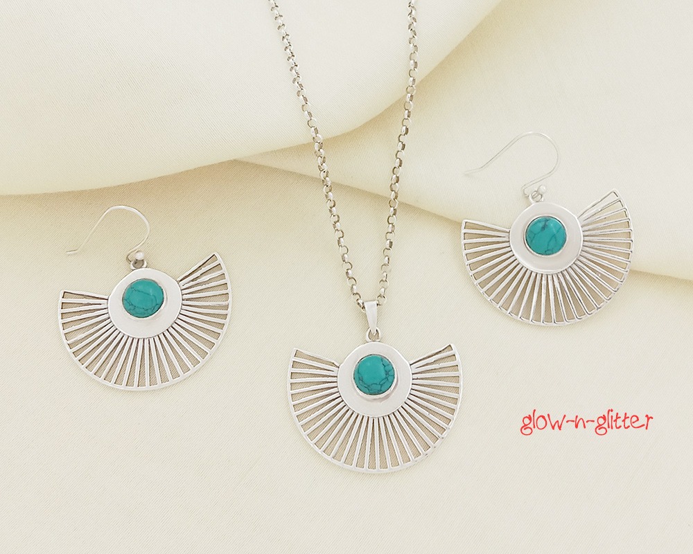 STERLING SILVER & TURQUOISE RAYS PENDANT EARRING SET - Image 4