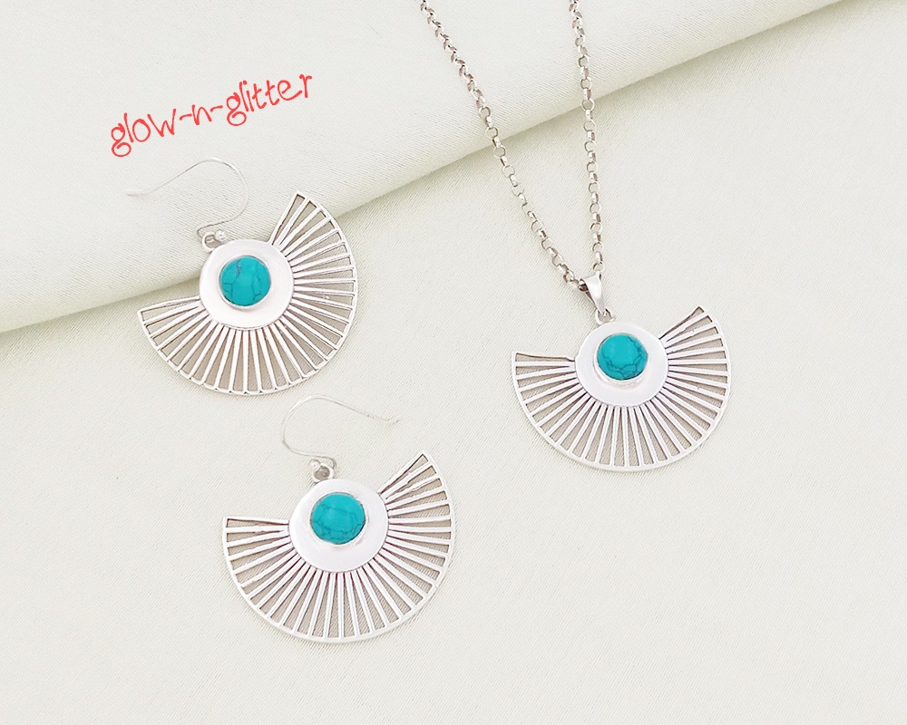 STERLING SILVER & TURQUOISE RAYS PENDANT EARRING SET - Image 2