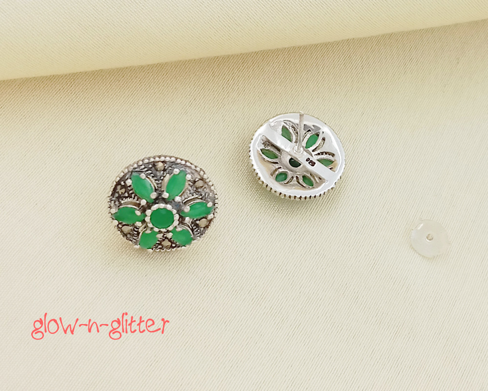 STERLING SILVER MARCASITE & GREEN STUD EARRINGS - Image 2