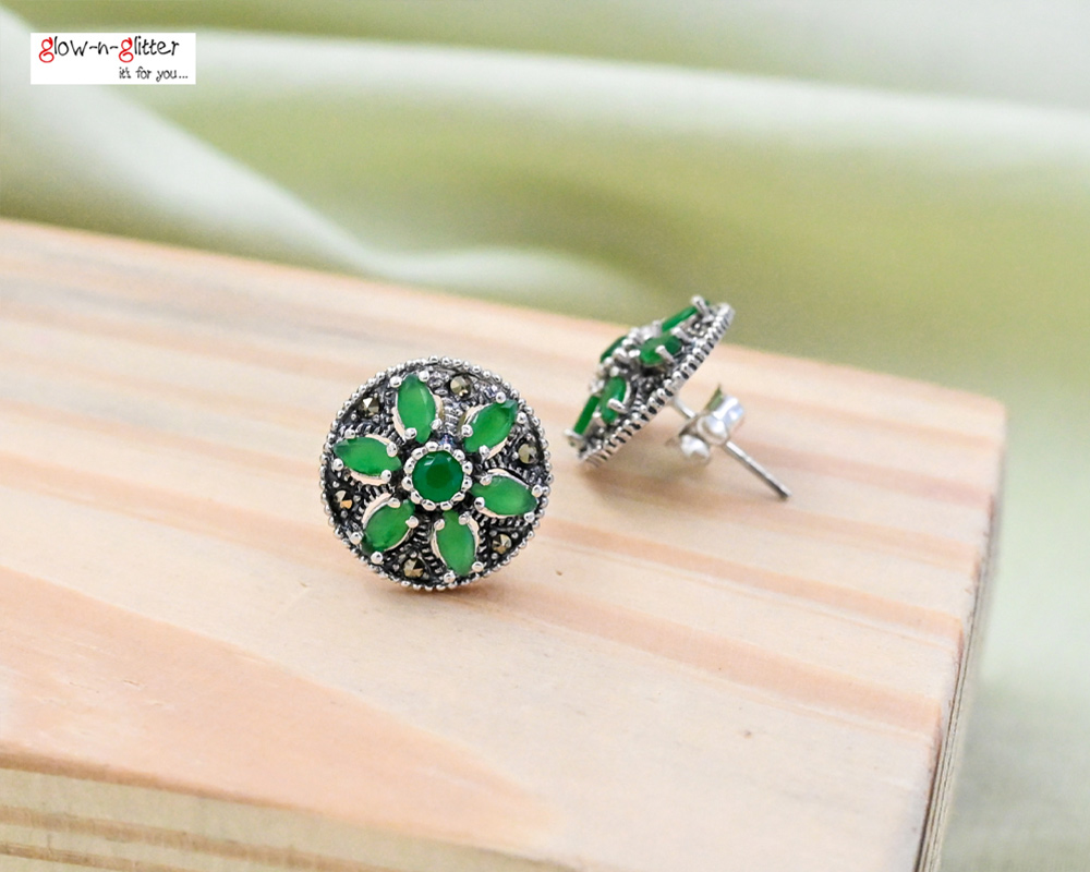STERLING SILVER MARCASITE & GREEN STUD EARRINGS - Image 3