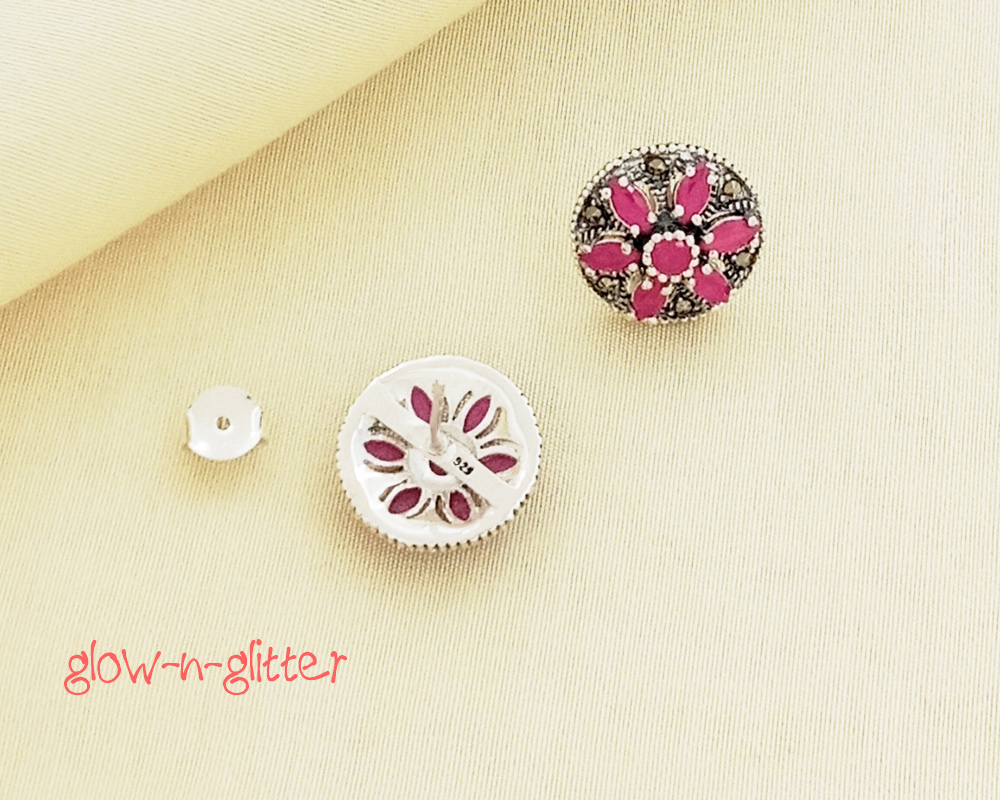 STERLING SILVER MARCASITE & RED STUD EARRINGS - Image 2