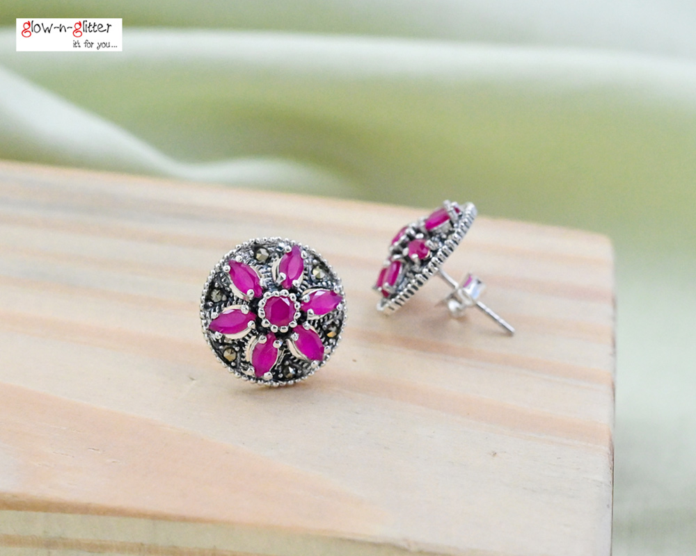 STERLING SILVER MARCASITE & RED STUD EARRINGS - Image 3