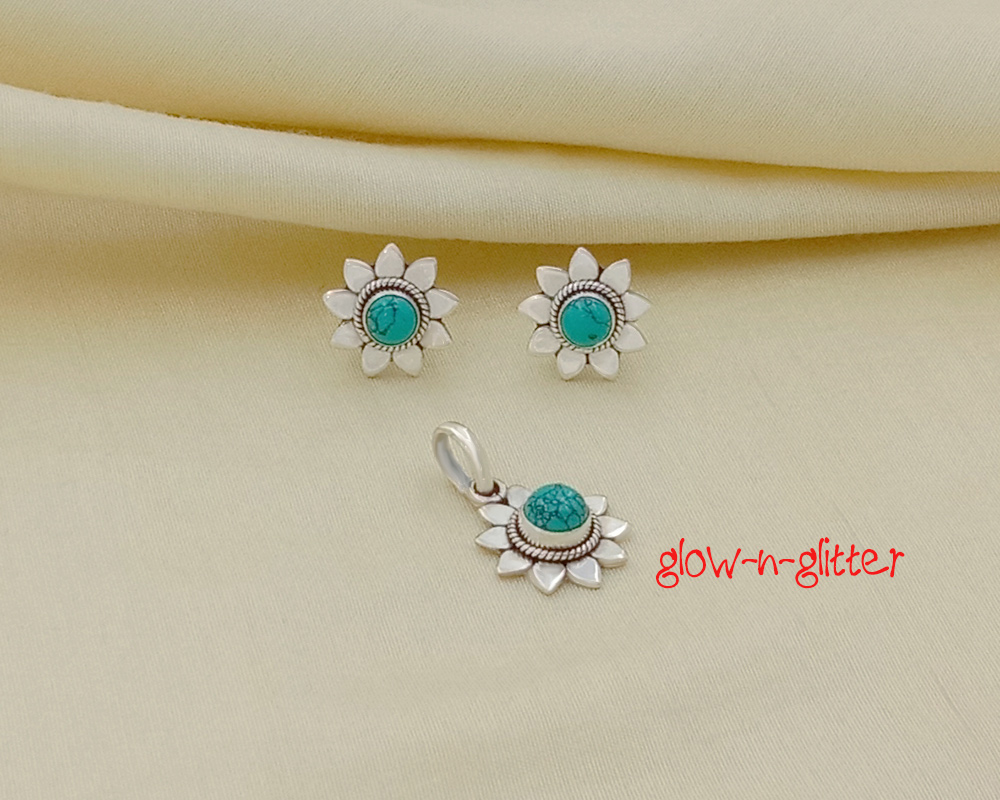 <span style="color: #808080;">STERLING SILVER TURQUOISE FLORAL PENDANT EARRING SET </span> - Image 2